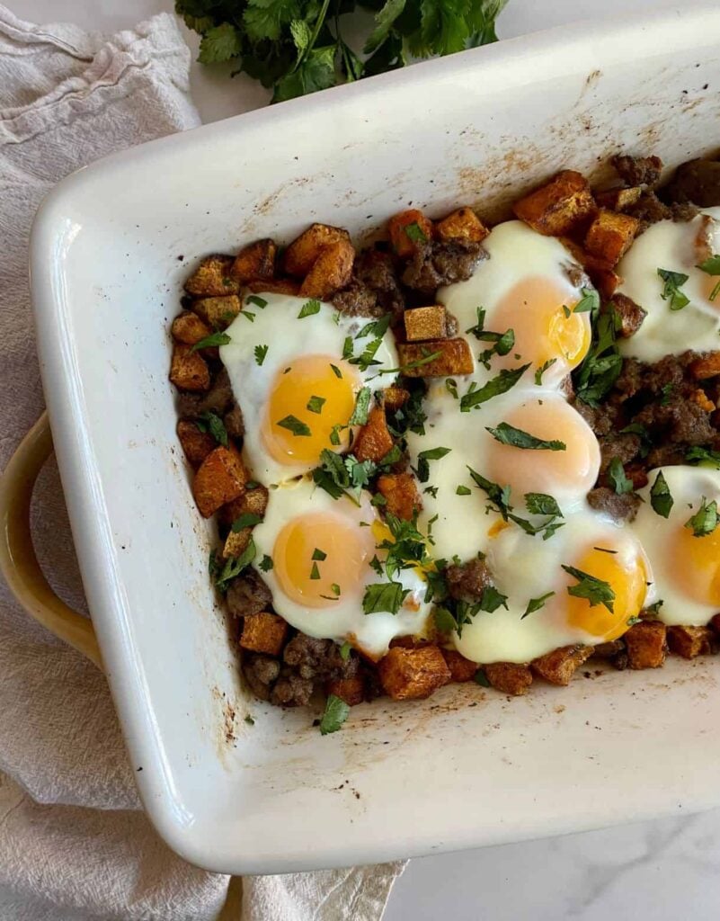 Sweet potato breakfast casserole dish recipe incorporating eggs and potatoes.