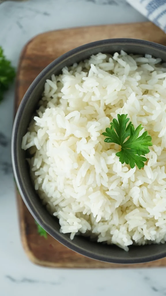Bowl of perfect rice garnished with a parsley leaf on a wooden board.