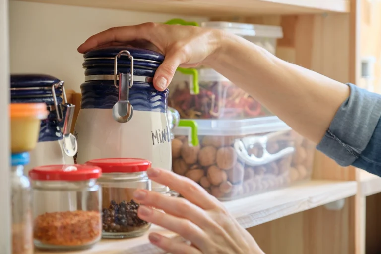 One person reaches for a ceramic canister labeled "Millet" on a kitchen pantry shelf, meticulously stocking a pantry for one surrounded by jars and containers of various dry foods.