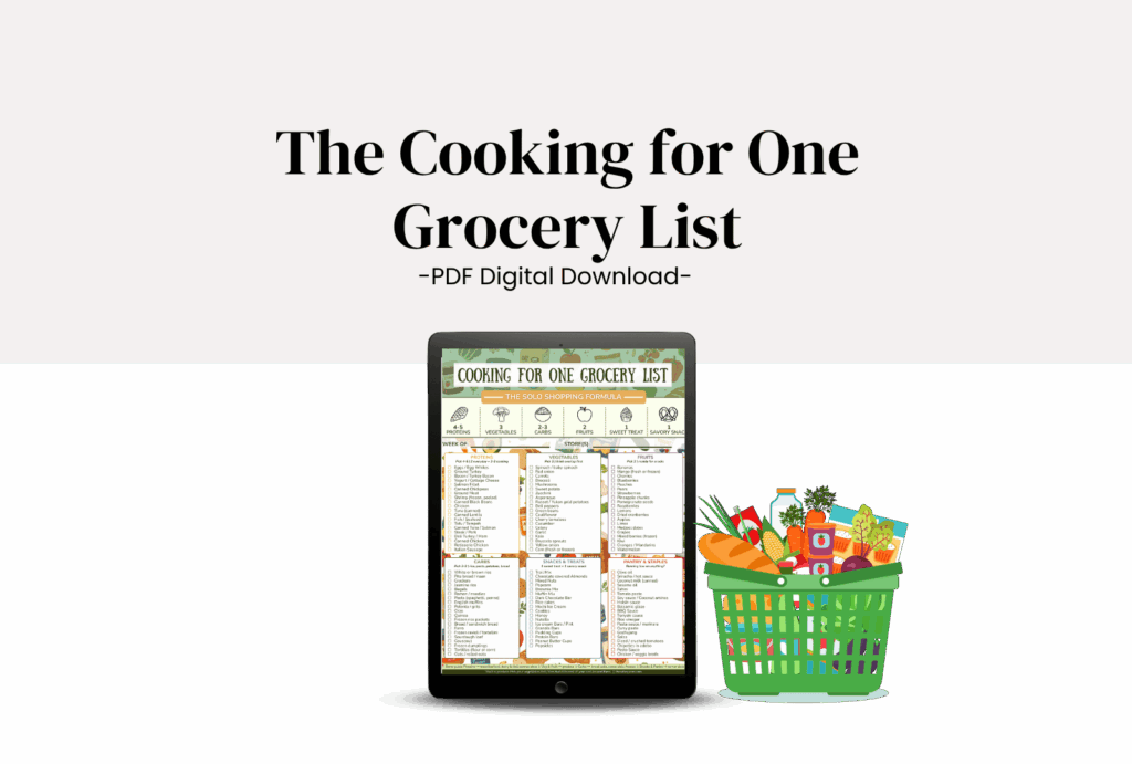 Tablet displaying a "Cooking for One Grocery List" PDF with an illustrated grocery basket filled with food items next to it. Text reads: "Learn how to reduce food waste when cooking for one – PDF Digital Download.