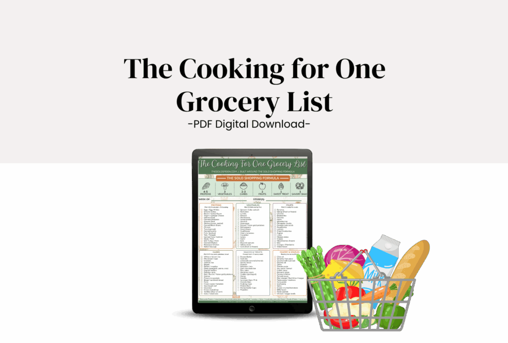 A digital tablet displays a "Cooking for One Grocery List" PDF, with a grocery basket of food items in the foreground—perfect for anyone grocery shopping or searching for a helpful grocery guide while shopping for one.