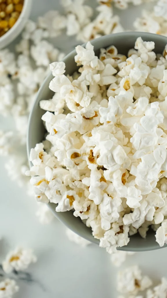 A bowl filled with freshly popped Single Serve Popcorn sits on a white surface, with loose popcorn scattered around it.