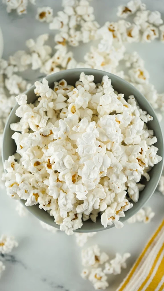 A bowl filled with plain microwave popcorn sits on a white surface with scattered popcorn pieces around it, making for a simple, single serving snack.