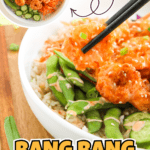 Chopsticks hold sauced shrimp above a rice bowl with edamame, cucumbers, carrots, and sauce. Text reads: “Bang Bang Shrimp Bowl Recipe. Easy 30-minute dinner. www.thesolospoon.com.”.