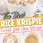 A single serving rice krispie treat in a white ramekin, topped with whipped cream and colorful sprinkles, is displayed alongside bowls of ingredients—perfect for anyone craving a quick and delightful rice krispie treat for one.