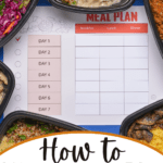 Meal plan chart for one person with labeled sections for each day and meal; a helpful tool for meal planning for one, surrounded by containers of assorted prepared food.