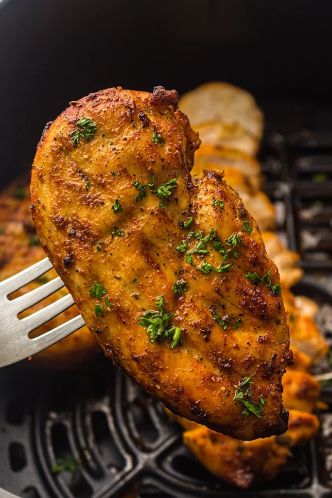 A cooked, seasoned air fryer chicken breast garnished with chopped herbs is held by a fork over an air fryer basket with more pieces of air fried chicken in the background.