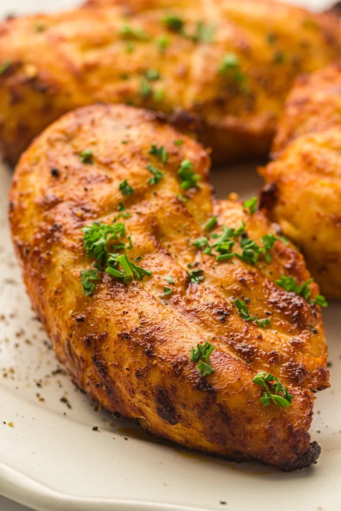 Close-up of a cooked, seasoned air fryer chicken breast garnished with chopped parsley on a white plate.